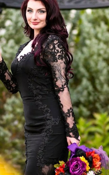 Sheath Jersey Lace V-neck Long Sleeve Floor-length Court Train Modest Wedding Dress with Appliques