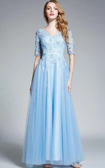 A-Line V-Neck Half Sleeves Appliques Beading Prom Dress