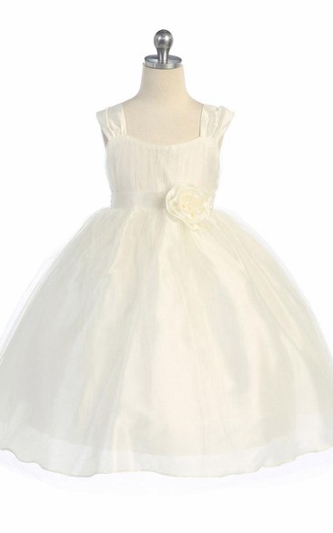 Straps Tea-Length Tiered Empire Tulle Flower Girl Dress