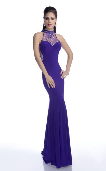 Sleeveless High Neck Jersey Gown With Shining Crystal Appliques
