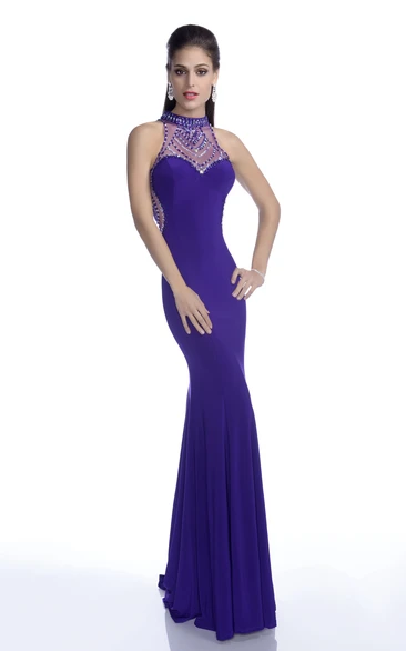 Sleeveless High Neck Jersey Gown With Shining Crystal Appliques
