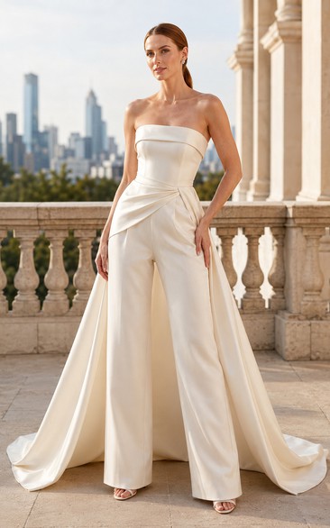 White Strapless Satin Wedding Jumpsuit with Overskirt Train