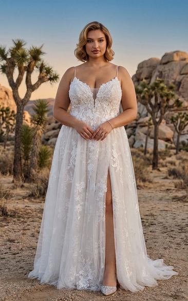 Plus Size Plunging V-Neck Lace A-Line Wedding Dress with Spaghetti Straps and Slit