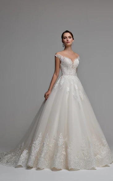 Sexy Ball Gown V-neck Tulle Wedding Gown with Appliques