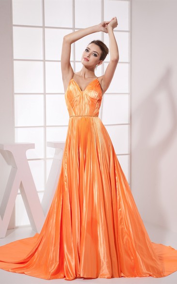 Plunged Pleated A-Line Gown With Spaghetti Straps