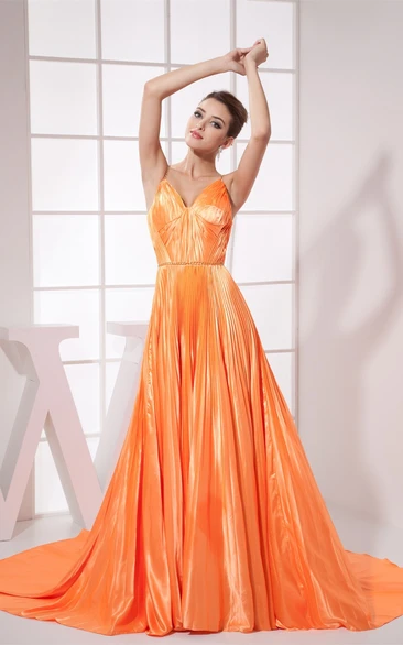 Plunged Pleated A-Line Gown With Spaghetti Straps