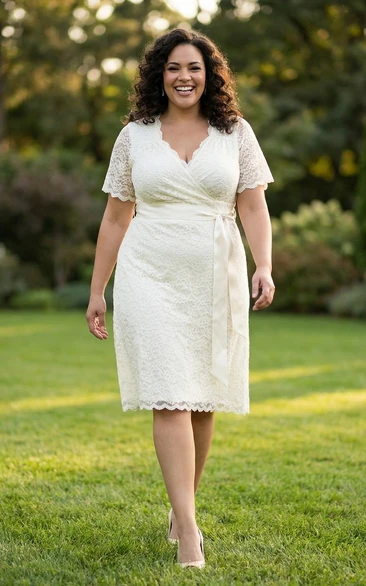 Short Sleeve A-Line Lace Dress with Satin Waist
