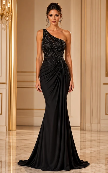 Vestido de gala negro con corpiño de cuentas de cristal y vestido de sirena de un solo hombro.