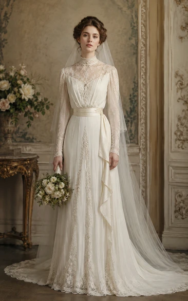 Vintage Empire Lace Long Sleeve Vintage Wedding Dress