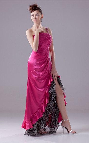 One-Shoulder Satin Front-Split Ruched Leopard Print and Dress With Beading