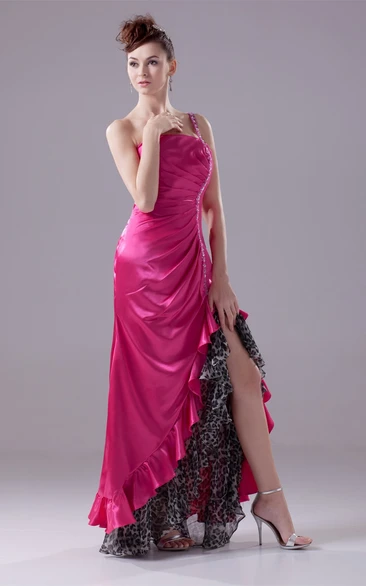 One-Shoulder Satin Front-Split Ruched Leopard Print and Dress With Beading