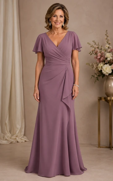 Mauve V-neck Flutter Sleeve Mother Dress