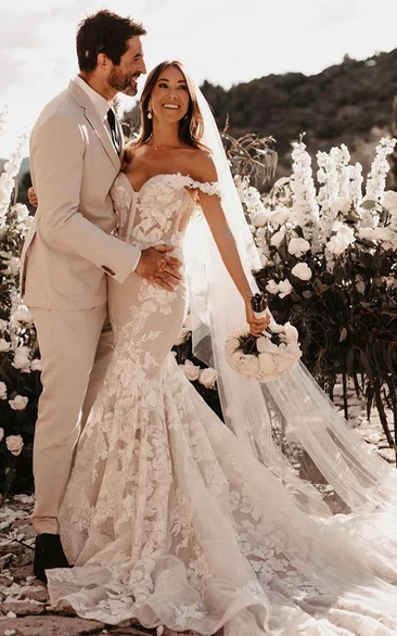 Strapless Lace Mermaid Wedding Dress with Floral Appliqués