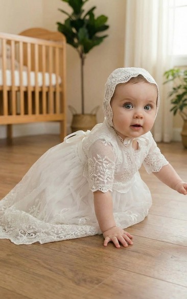 White Baby Christening Flower Girl Dress Lace Sleeve Gown with Bonnet