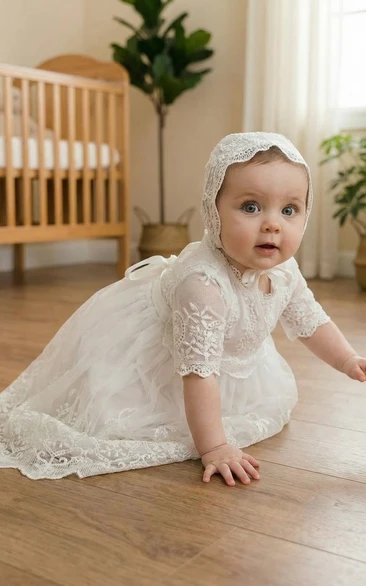 White Baby Christening Flower Girl Dress Lace Sleeve Gown with Bonnet
