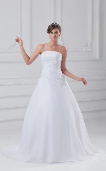 Strapless Organza A-Line Dress With Ruching and Court Train