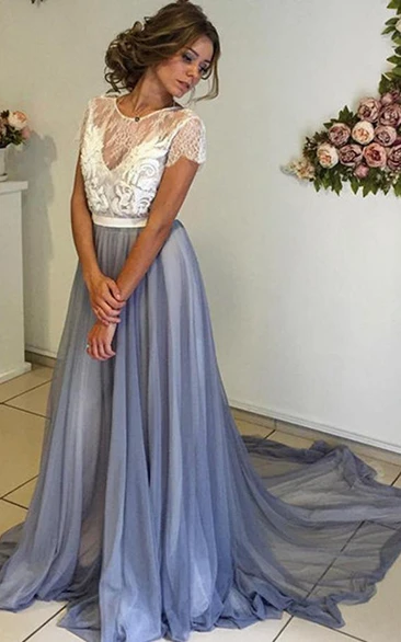 A-Line Chiffon Lace Jewel Short Sleeve Low-V Back Dress