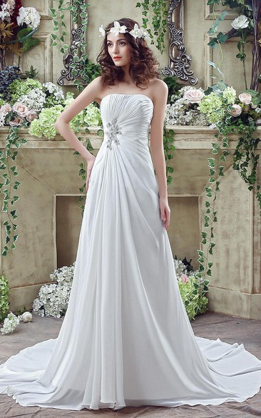 Newest Strapless White Beadings Modest Wedding Dress A-line Sweep Train