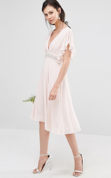 Knee-Length A-Line V-Neck Poet Sleeve Ruched Chiffon Bridesmaid Dress