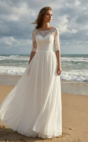 Button-Back Lace & Chiffon Sheath Wedding Gown