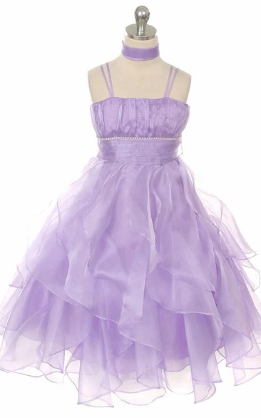 Ankle-Length Cape Empire Tiered Pleated Organza Flower Girl Dress With Sash