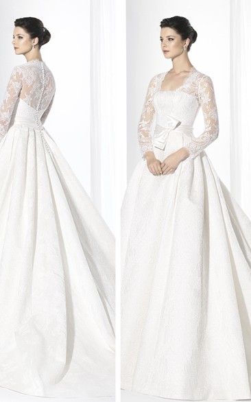 Ball Gown Square-Neck Floor-Length Long-Sleeve Lace Wedding Dress With Bow And Illusion