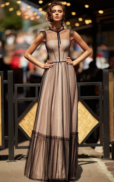 Casual A Line Tulle High Neck Floor-length Button Formal Dress with Bow