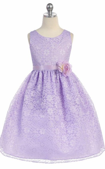 Tea-Length Floral Tiered Lace Flower Girl Dress