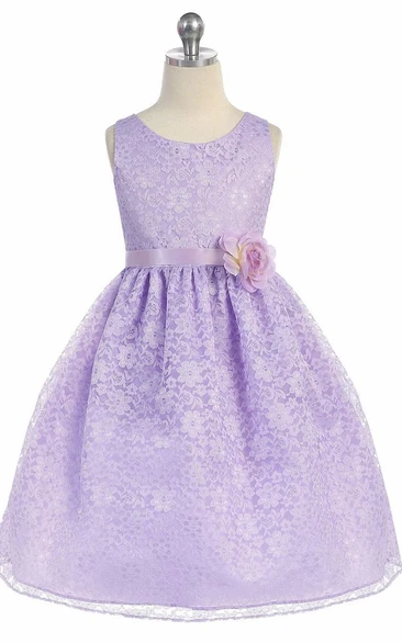 Tea-Length Floral Tiered Lace Flower Girl Dress