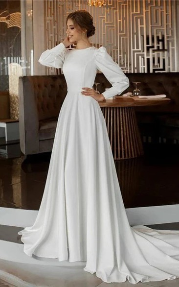 White High Neck Bubble Sleeve Wedding Gown