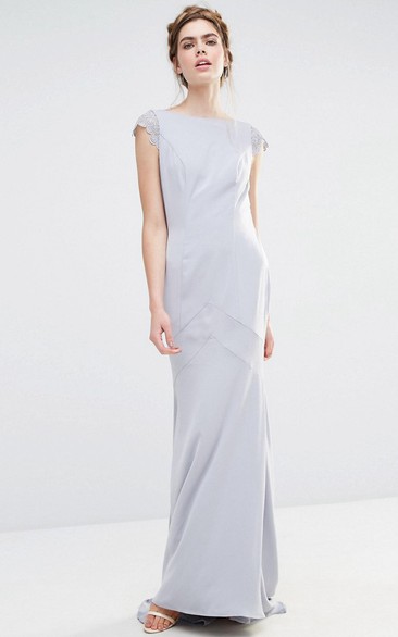 Sheath Jewel Neck Short Sleeve Chiffon Bridesmaid Dress With Brush Train