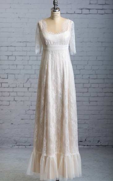 Lace Long Square-Neck Half-Illusion-Sleeved Dress With Bow