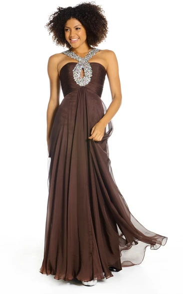 A-Line Beaded Sleeveless Long Chiffon Prom Dress With Zipper Back And Pleats