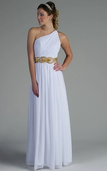 One Shoulder Pleated Chiffon Long Bridesmaid Dress With Crystal Belt