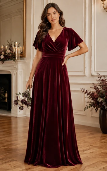 Burgundy Velvet V-neck A-Line Bridesmaid Dress