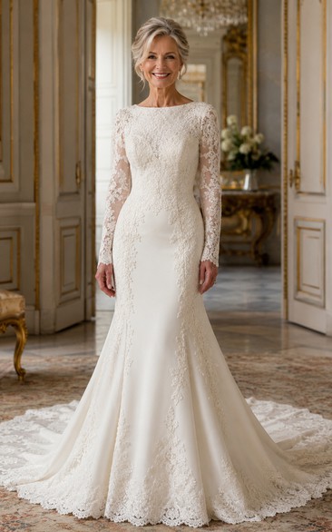 Long Sleeve Lace Mermaid Older Brides Wedding Dress with Chapel Train