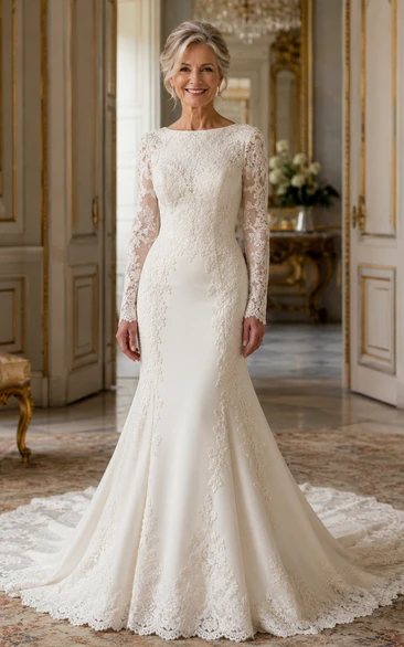 Long Sleeve Lace Mermaid Older Brides Wedding Dress with Chapel Train