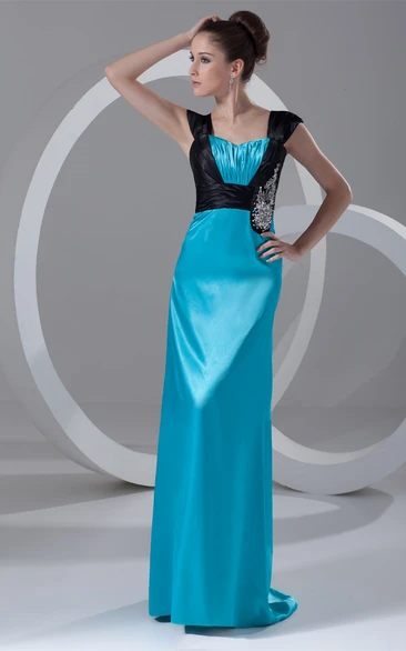 Caped-Sleeve Maxi Satin Sweep Train and Dress With Beading