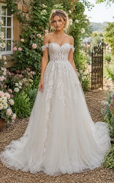 Off Shoulder A-Line Lace Country Wedding Dress with Soft Tulle Train
