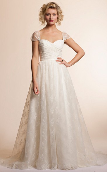 A-Line Floor-Length Cap-Sleeve Lace Wedding Dress With Ruching And Deep-V Back