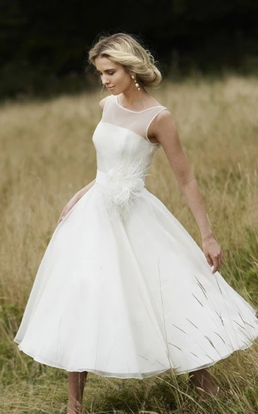 Demure Illusion Neckline Tea Length Short Bridal Dress With Floral Detail