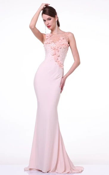 Sheath Maxi Jewel-Neck Sleeveless Jersey Illusion Dress With Flower And Beading