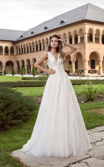 V-neck Appliques Empire Bridal Dress With Low V Back