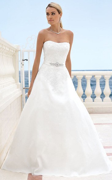 Long Strapless Appliqued Satin Wedding Dress With Waist Jewellery