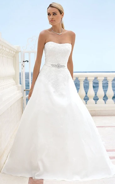 Long Strapless Appliqued Satin Wedding Dress With Waist Jewellery