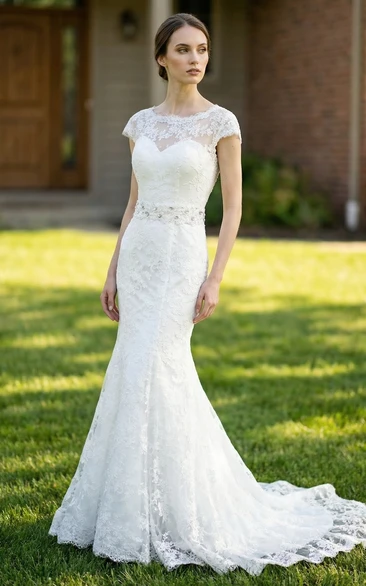 Bateau Neck Sheath Modest Gown with Beaded Waist