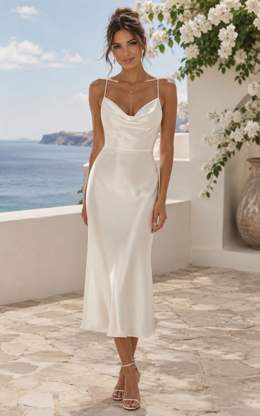 Ivory Knee-length Cowl Satin Sheath Wedding Dress