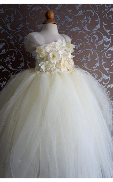 Cap Sleeve Floral Top Tiered Tulle Ball Gown