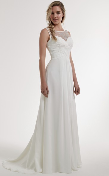 A-Line Bateau Sleeveless Long Beaded Chiffon Wedding Dress With Low-V Back And Ruching