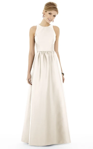 Elegant Floor-length Sleeveless Satin Dress with Jewel Neckline and Pleats